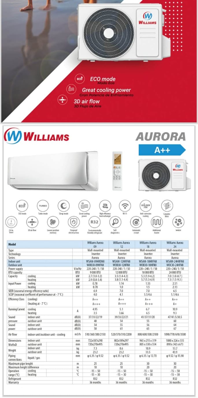 Williams Aurora air conditioning — A++ rated split systems with ECO mode and 3D airflow