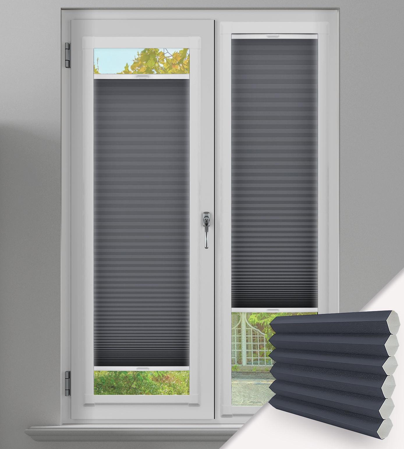 Modern white uPVC double window with integrated dark grey honeycomb blinds for energy efficiency