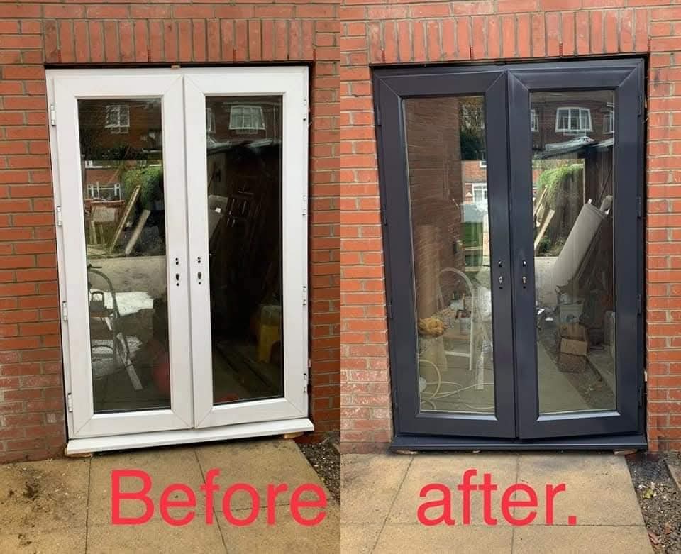 Before and after comparison of white uPVC French doors sprayed anthracite grey against red brick